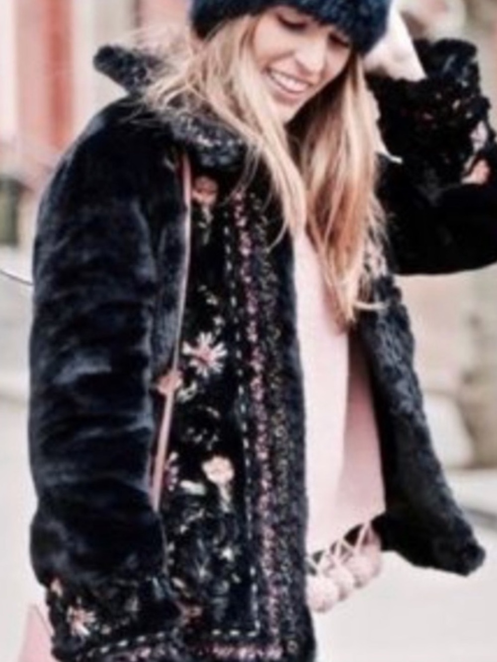 Zara Midnight Navy Embroidered Floral Plush Coat Boho Folk Romantic Faux Fur - Picture 4 of 14